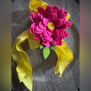 Handmade Hand Crafted Felt Pink Flower Bow Accessory Yellow Ribbon Home Decor